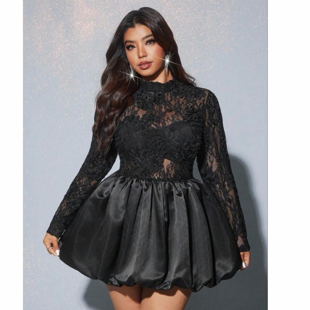 SHEIN CURVE Black Lace 3D Rosette Bubble Hem Mini Dress 3XL NWT